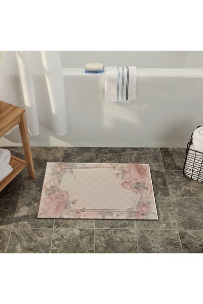 Rugs Modern Halı Μοντέρνα διακοσμητική πατάκι μπάνιου με θέμα την πούδρα ροζ μοτίβο λουλουδιών 90×60
