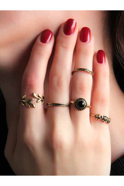 Genel Markalar Doğal Taş 5'li Ayarlanabilir Eklem Yüzük Seti Oniks Doğal Taşlı