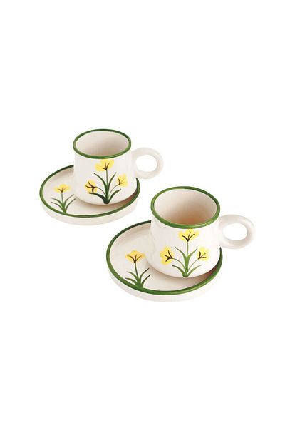Gezdikçe Bilelim Set of 2 Yellow Flower Patterned Handmade Boiler Ceramic Coffee Cup, Coffee Cup