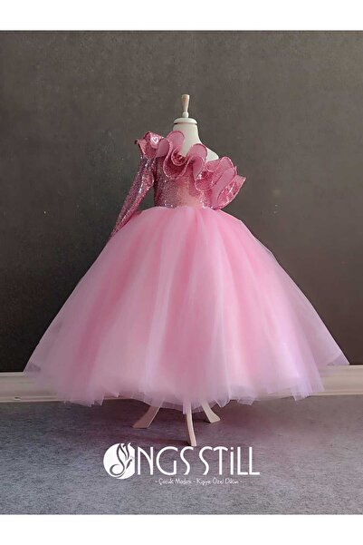 NGS STİL Pembe Payet Tek Omuz Ara Boy Tarlatanlı Elbise