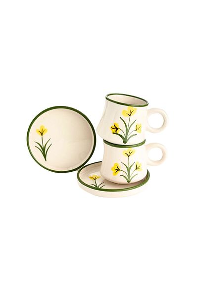 Gezdikçe Bilelim Set of 2 Yellow Flower Patterned Handmade Boiler Ceramic Coffee Cup, Coffee Cup