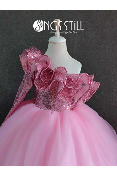 NGS STİL Pembe Payet Tek Omuz Ara Boy Tarlatanlı Elbise