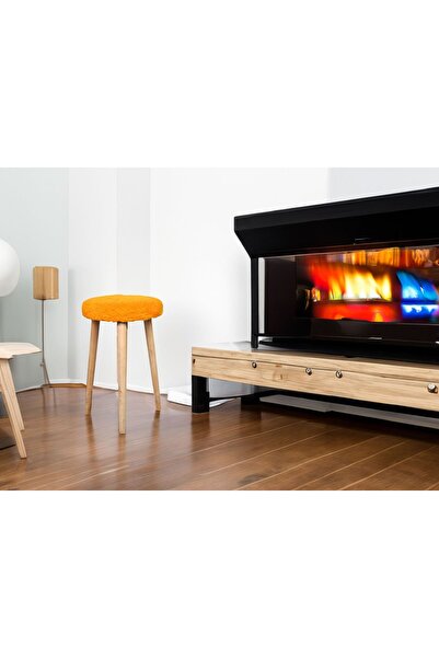 DEKOR MOBİLYACIM Tabure turuncu renk 3 ayaklı  ham ayak tabure oturak Gürgen Ahşap Retro Ayak Dekoratif Beyaz Pelüş