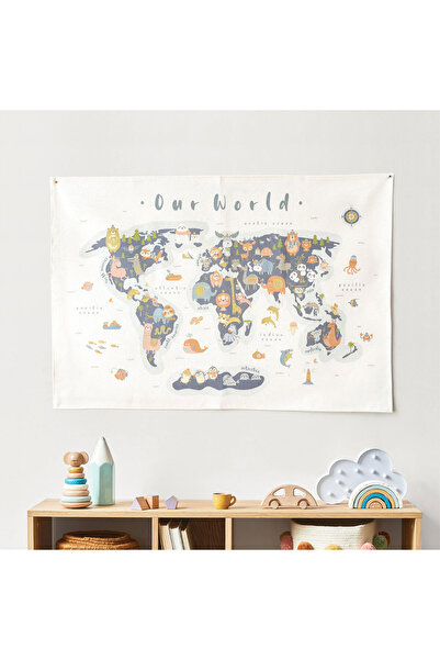 Jüppo Hayvanlar Alemi Dünya Haritası Duvar Örtüsü, Organik Pamuk Kumaş