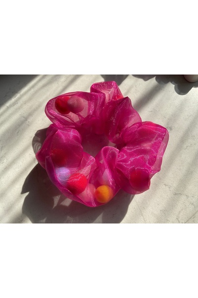 MADE BY PERİ مشبك مطاطي من قماش الأورجانزا باللون البرتقالي والفوشيه مع بوم بوم من الداخل، مشبك الخبز، سكرانشيز