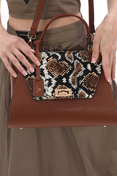 Piedra Tan Colored Anaconda Patterned Cover and Plenty of Compartments Bag with Shoulder Strap