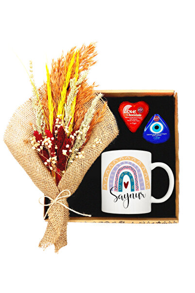 Hazellica Kişiye Özel İsim Yazılı Kupa&Kurutulmuş Çiçek Buketi&Kalpli Çikolat...