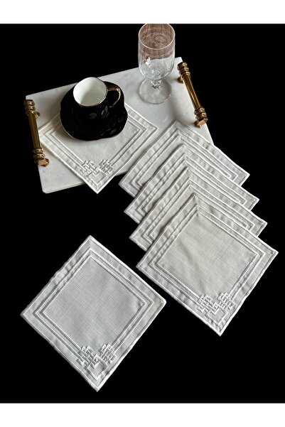 NURHAN HOME COLLECTION 6 Adet Labirent Desenli Ekru Nakışlı Kare Kokteyl Sunu...