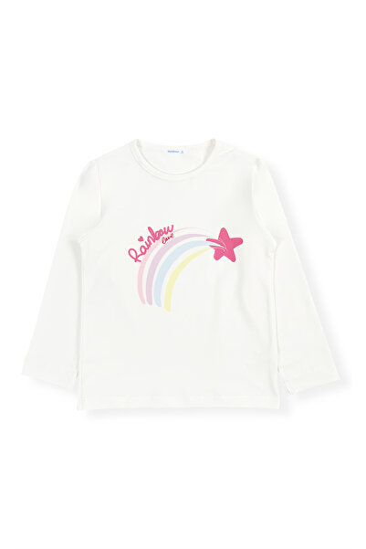 Mavipink Tricou cu mânecă lungă cu imprimeu curcubeu, 100% bumbac, culoare ecru