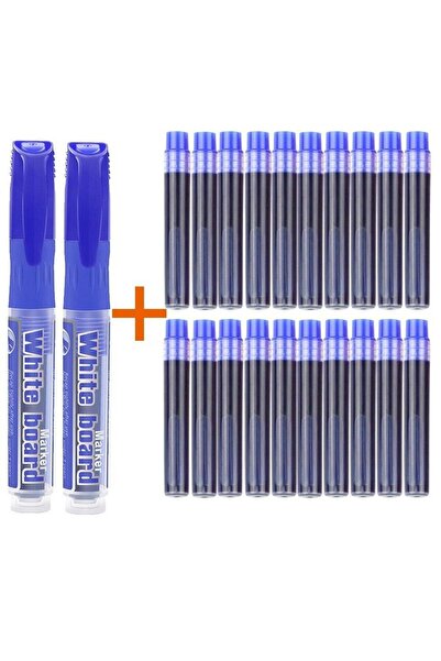 Modellino 2 Adet Tüplü Mavi Kartuşlu Beyaz Tahta Kalemi + 20 Mavi Kartuş Tüp