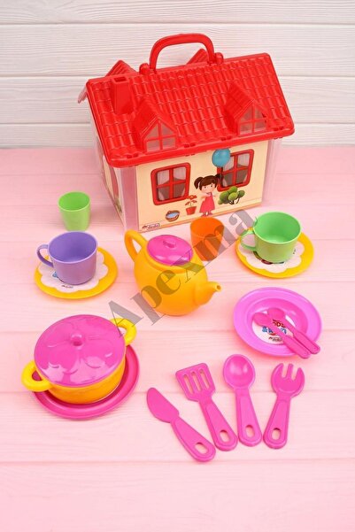 Apexma Eğlenceli Ev Çay Set Ev Şekilli Mutfak Seti - Kız Oyuncak