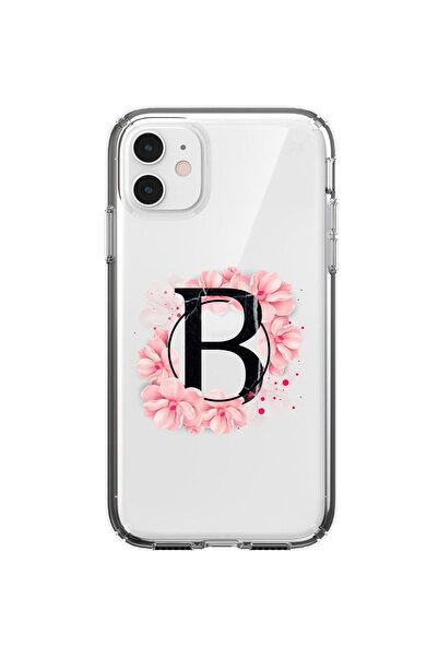 mooodcase Iphone 11 Pembe Çiçek Desen B Harfli Şeffaf Kılıf