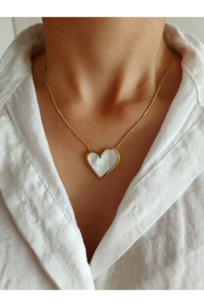 Fynbos Paslanmaz Çelik Altın Kaplama Sedef Taşlı Kalp Kolye