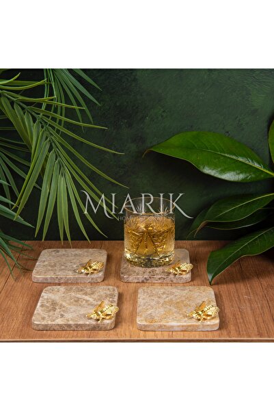 MIARIK DESIGN & DEKORASYON MERMER BARDAK ALTLIĞI 4'LÜ KARE BEJ RENK PIRINÇ GÜ...