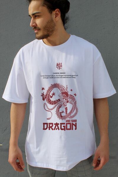 Grove Fashion Unisex White Zodiac Dragon Printed Oversize T-shirt