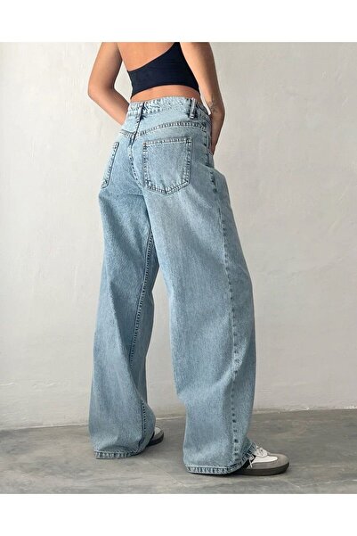 LİMABEL Women's Snow Wash Blue Loose Cut Wide Leg Comfortable Baggy Jean Jeans Loose Women's Pants