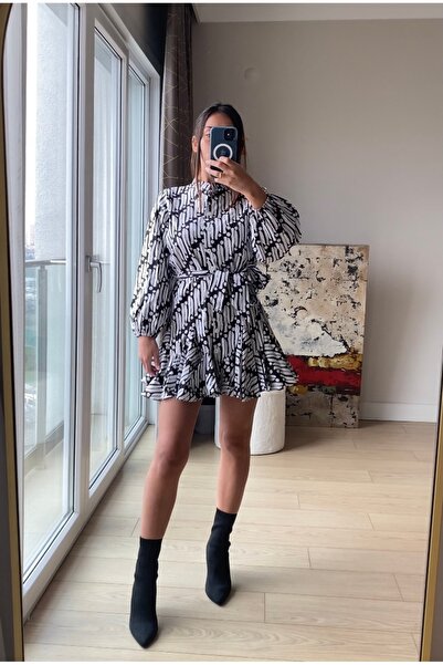 cn novembersun Kadın Poplin Cut Düğmeli Gömlek Elbise Kemerli