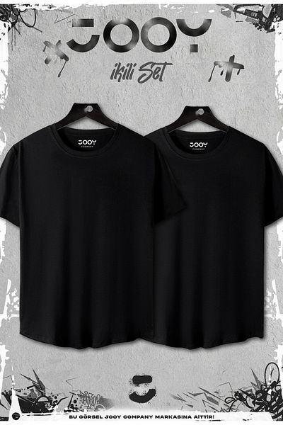 Jooy Company Set negru de 2 tricou uni, neimprimat, cu croiala ovala