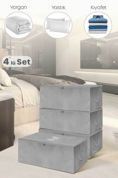 Serstil 4 Pieces - Mini Size Printed Detailed Anthracite Storage Bag 30 X 22 X 18 Cm