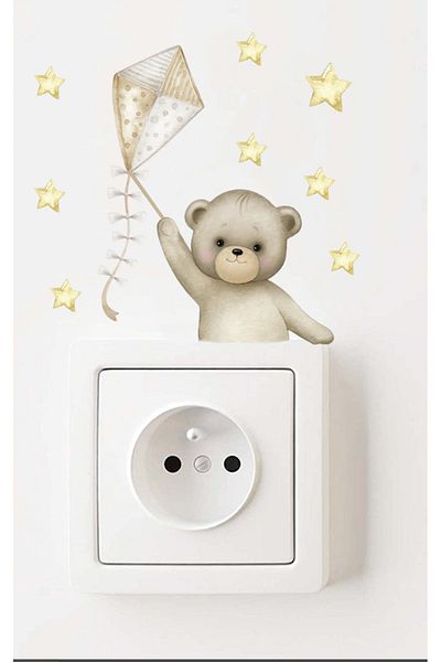 Sim Tasarım - Socket - Cute Teddy Bear with Kite Kids Room Decorative Socket Sticker
