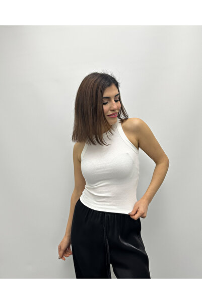 deqfashion Kadın Beyaz Fitilli Halter Yaka Atlet