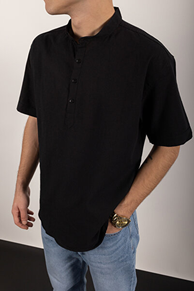 WAMOSSALAPLI Κοντομάνικο πουκάμισο με γιακά δικαστή με τρία κουμπιά μαύρο λινό πουκάμισο