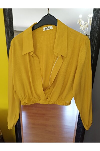 DESEO BOUTIQUE Kadın Hardal Renk Beli Lastikli Crop-belde Model Uzun Kollu Gö...