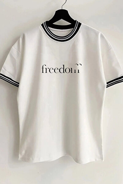 Vordevia Tricou oversize cu guler rotund cu nervuri cu imprimeu Freedom