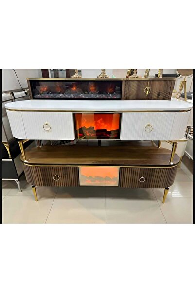 NUR AHŞAP Beyaz Lake Boyalı 2 Kapaklı Şömineli Tv Ünitesi 170*42*55