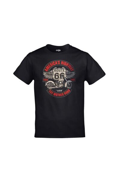 CONSTRAİN Unisex Siyah Route 66 Klasik Motor Baskılı Tshirt