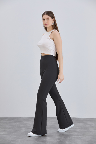 naymanlife Kadın Siyah Krep Ispanyol Paça Beli Lastikli Yüksek Bel Likralı To...