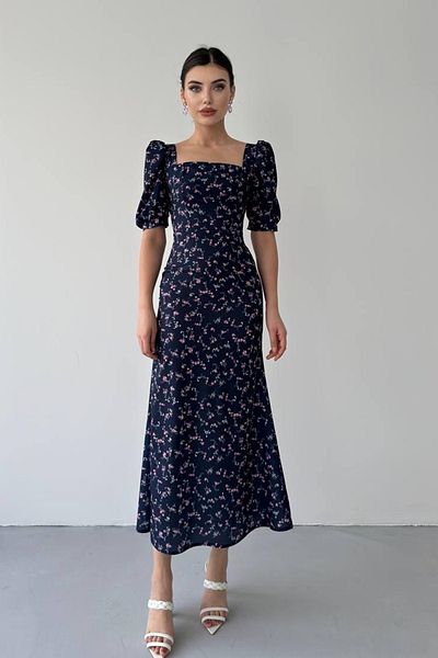 lovebox Dámské krepové látkové čtvercový límec princezna s rukávem večerní šaty midi s květinovým vzorem 226