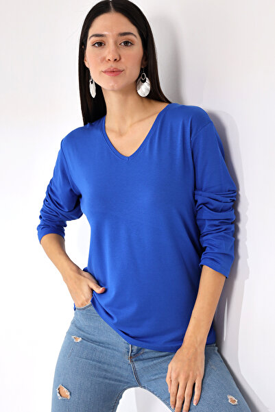 Devinka Tricou de damă cu decolteu în V oversize Basic cu mânecă lungă Saks Blue