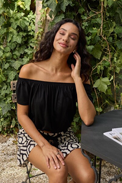 GİZZEY Women's Short Sleeve Black Shorts Set C1T6N012