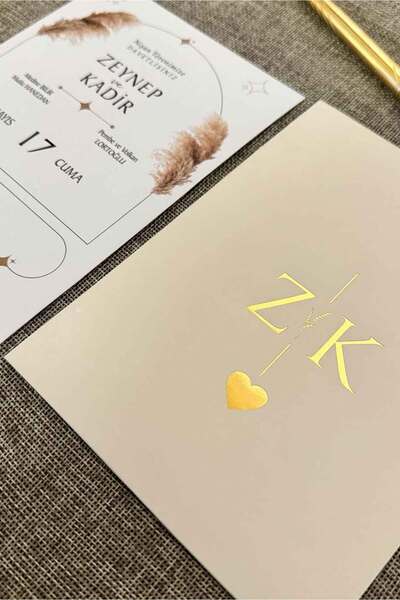 Luna Davetiye Krem Dikdörtgen Zarflı Altın Yaldızlı Düğün Davetiyesi (50 ADET)