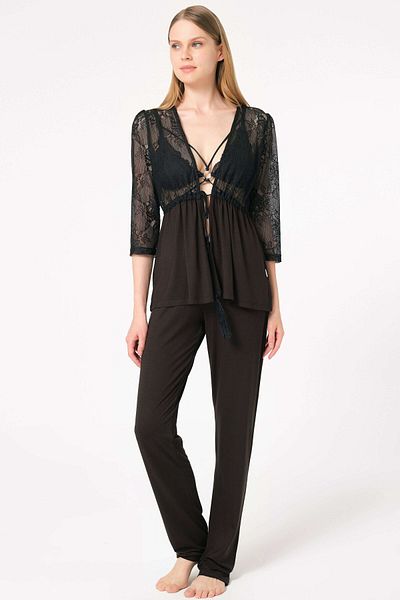 Anıl Women's Lace Pajamas Set - Dressing Gown, Bra and Trousers, Non-Padded Collar Detail, No Underwire Support