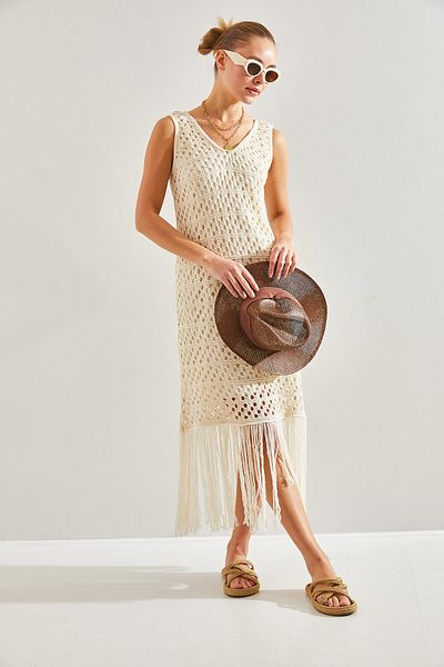 Bianco Lucci Rochie din tricot cu ciucuri, căptușită, pentru femei20246063