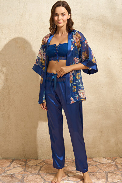 Anıl Kadın Tül Çiçek Baskılı Sabahlık Balensiz Desteksiz Dolgusuz Dantelli Büstiyer Sütyen ve Saten Panto