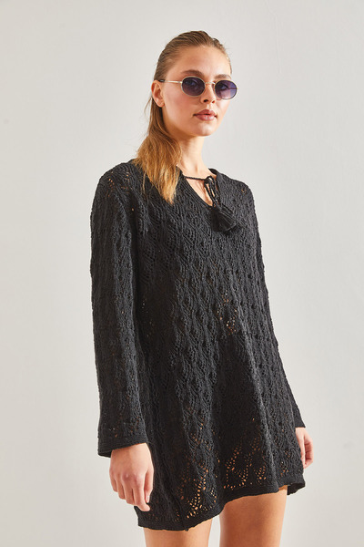 Bianco Lucci Stricktunika mit Kragen und Bindeband für Damen 20246077