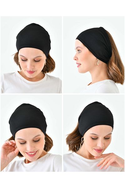 mirach Pack of 4 Black Hair Band Set Bandana Bonnet Cotton Wide Elastic Flexible Inner Cap Hijab Cap