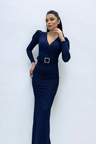 giyimmasalı Rochie detaliată cu curea cu guler dublu - Albastru Marin