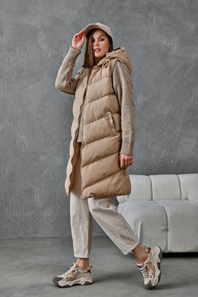 VOLT CLOTHİNG Hooded Padded Vest with Chain on the Side