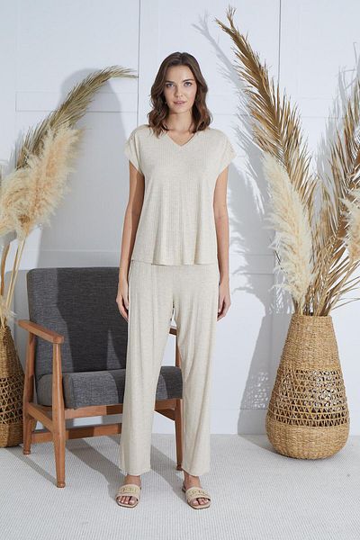 Sevim Set pijama cu mânecă scurtă, bej, melange C6T4N951