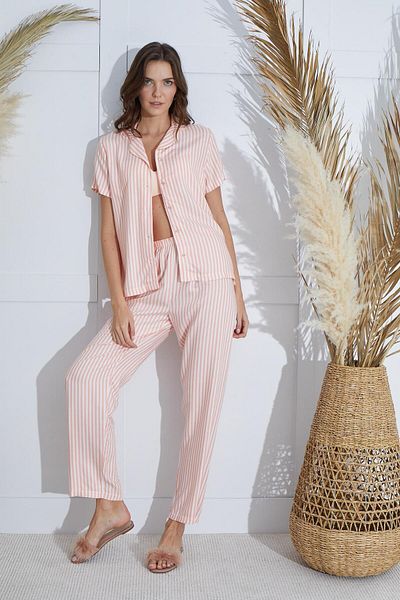 Sevim Costum de pijama somon cu mânecă scurtă, cu nasturi în față, C8T1N951