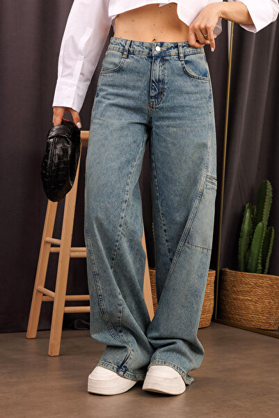 Sue Store Μπλε Faded Effect Ψηλόμεσο Palazzo Jean με Cargo Pocket