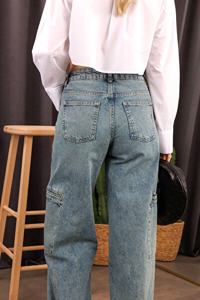 Sue Store Μπλε Faded Effect Ψηλόμεσο Palazzo Jean με Cargo Pocket