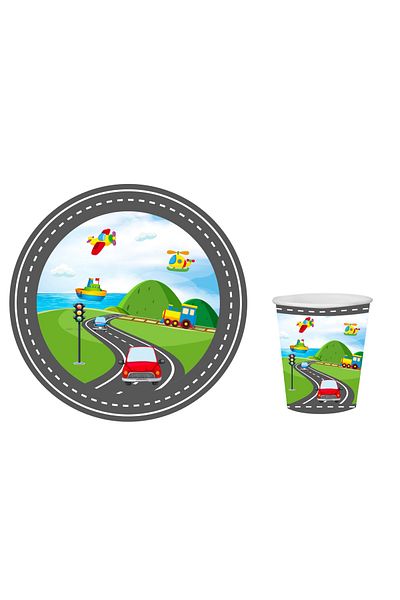 Big Party Vehicles Themed Cardboard Plate Cup Set for 8 People
