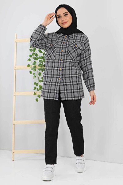 Tesettür Dünyası Pocket Detailed Jacket Shirt Tsd220108 Smoked