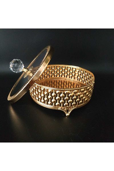 HİLALKRİSTAL Mirrored -Luxury- Glass Lid Sugar Bowl -Flavor Bowl-Gold Plated