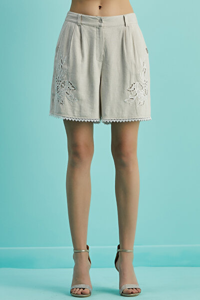 Guitar Geniş Paça Bej Keten Şort